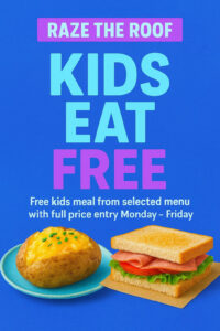 ✨ Back by popular demand! ✨ Starting Monday 29th September, treat the family to fun and food! From Monday to Friday, 10am – 6pm, every full-price entry ticket includes one FREE kids’ meal 🥔🥪 🍴 Meal choices: A sandwich with a piece of fruit OR a jacket potato topped with tuna, beans, cheese, or ham – served with a side salad. Bring the kids to play, relax with the family, and enjoy delicious food on us! 💜💙 👉 Hurry – this special offer is available weekdays only!